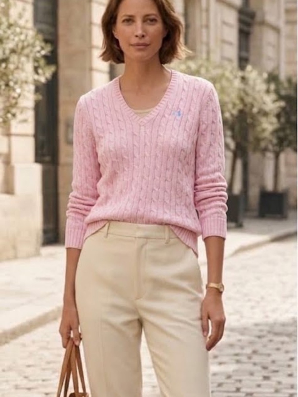 Vintage Ralph Lauren Sport y2k Light Pink Cable-Knit V-Neck preppy Sweater